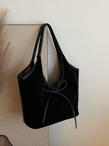 Faux Suede Finish PU Leather Shoulder Tote Bag Handbag Tie Accent Black