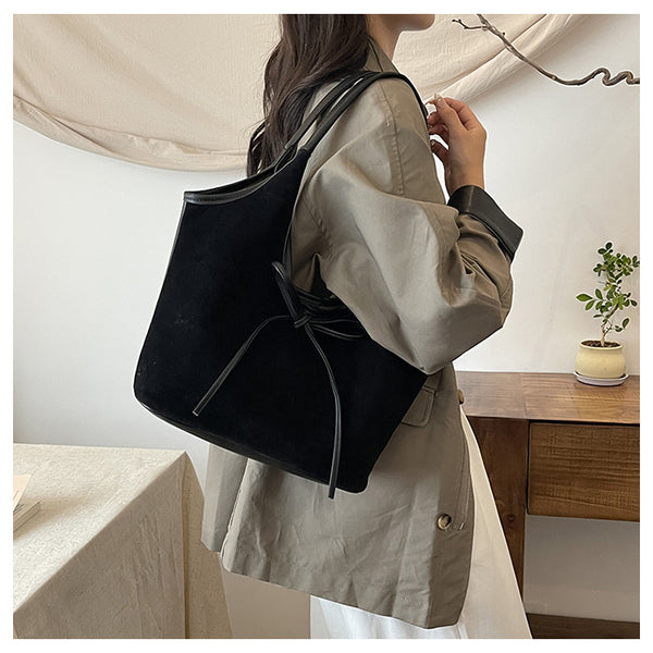 Faux Suede Finish PU Leather Shoulder Tote Bag Handbag Tie Accent Black