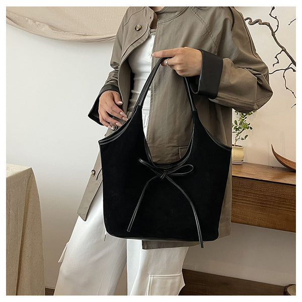 Faux Suede Finish PU Leather Shoulder Tote Bag Handbag Tie Accent Black