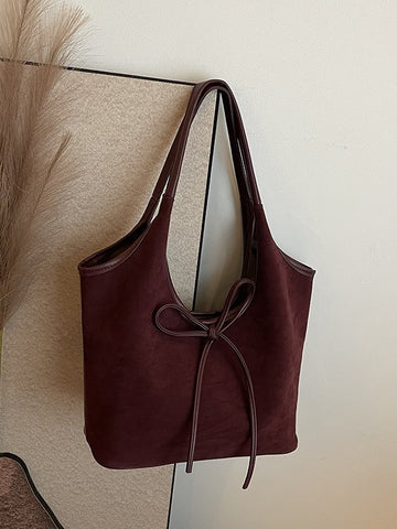 Faux Suede Finish PU Leather Shoulder Tote Bag Handbag Tie Accent Claret Red