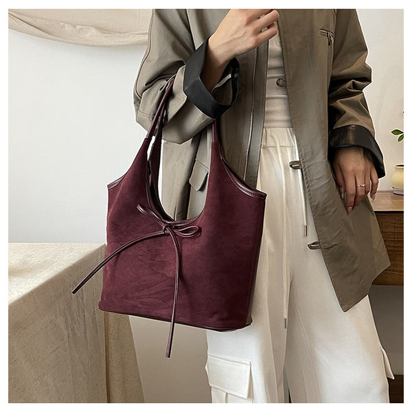 Faux Suede Finish PU Leather Shoulder Tote Bag Handbag Tie Accent Claret Red