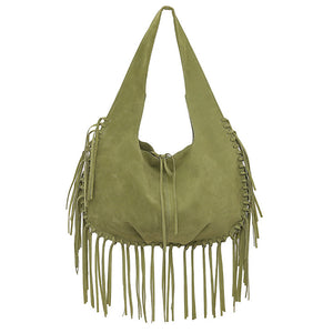 Faux Suede Boho Fringed Tassel Hobo Shoulder Tote Bag Handbag Green