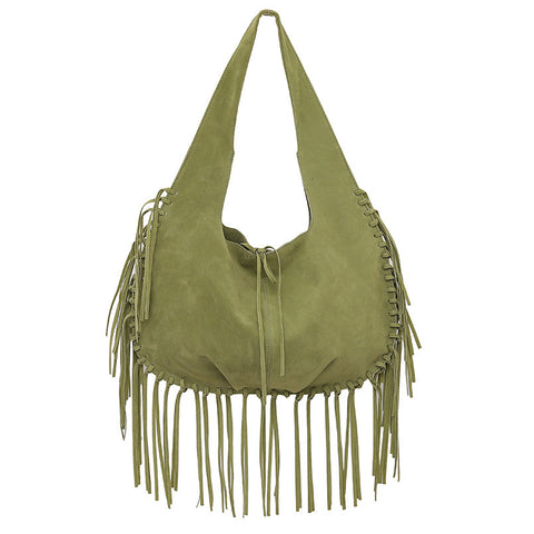 Faux Suede Boho Fringed Tassel Hobo Shoulder Tote Bag Handbag Green