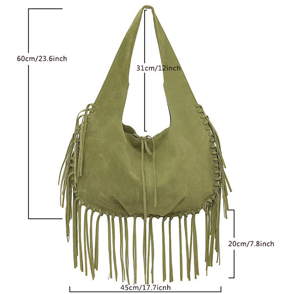 Faux Suede Boho Fringed Tassel Hobo Shoulder Tote Bag Handbag Green