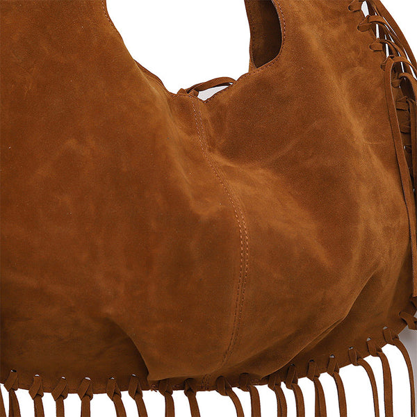 Faux Suede Boho Fringed Tassel Hobo Shoulder Tote Bag Handbag Green