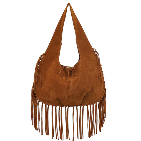 Faux Suede Boho Fringed Tassel Hobo Shoulder Tote Bag Handbag Brown