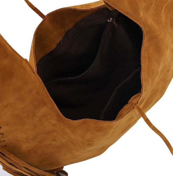 Faux Suede Boho Fringed Tassel Hobo Shoulder Tote Bag Handbag Brown