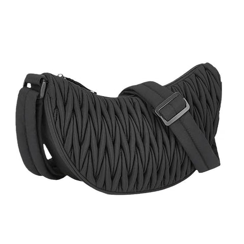 Pleated Ruched Cloth Crescent Sling Crossbody Shoulder Bag Handbag Black