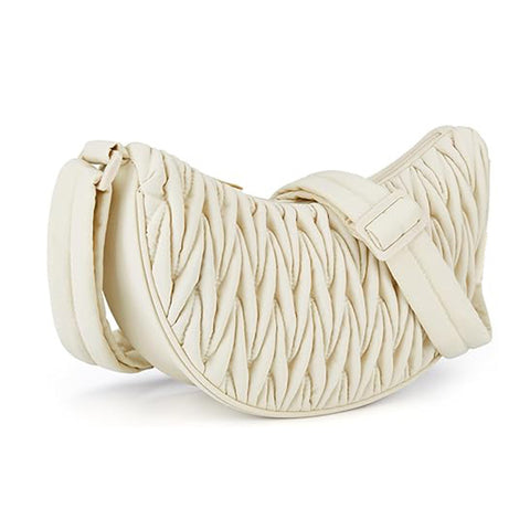 Pleated Ruched Cloth Crescent Sling Crossbody Shoulder Bag Handbag Cream