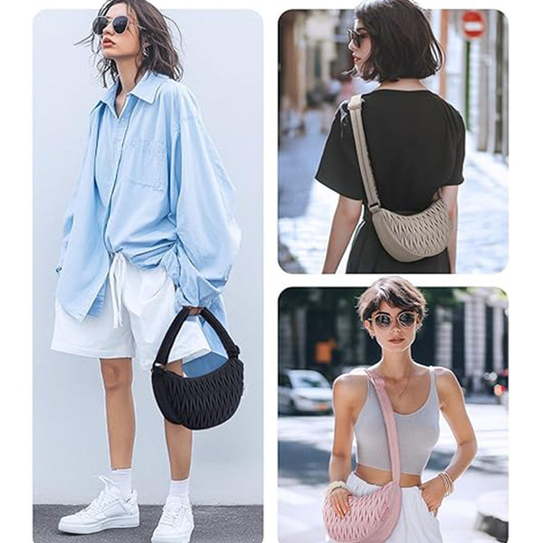 Pleated Ruched Cloth Crescent Sling Crossbody Shoulder Bag Handbag Cream