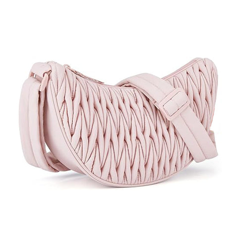 Pleated Ruched Cloth Crescent Sling Crossbody Shoulder Bag Handbag Pink