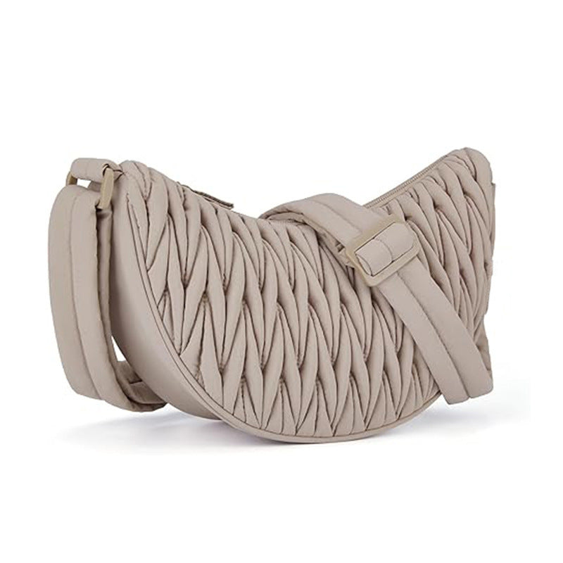 Pleated Ruched Cloth Crescent Sling Crossbody Shoulder Bag Handbag Beige