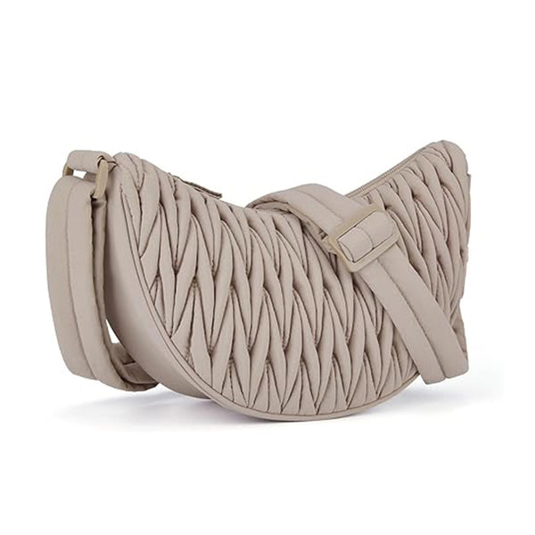 Pleated Ruched Cloth Crescent Sling Crossbody Shoulder Bag Handbag Beige