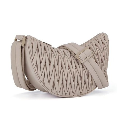 Pleated Ruched Cloth Crescent Sling Crossbody Shoulder Bag Handbag Beige