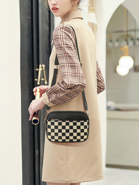 Checkerboard Crossbody Camera Bag PU Leather Adjustable Strap Black
