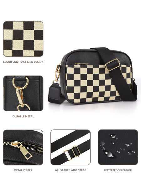 Checkerboard Crossbody Camera Bag PU Leather Adjustable Strap Black