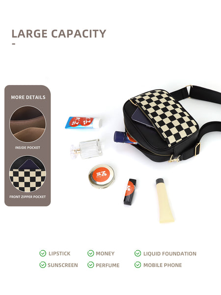 Checkerboard Crossbody Camera Bag PU Leather Adjustable Strap Black