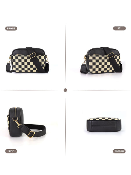 Checkerboard Crossbody Camera Bag PU Leather Adjustable Strap Black