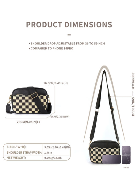 Checkerboard Crossbody Camera Bag PU Leather Adjustable Strap Black
