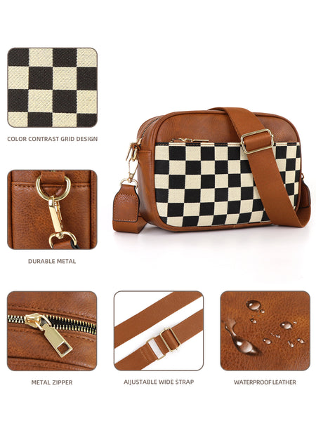 Checkerboard Crossbody Camera Bag PU Leather Adjustable Strap Brown