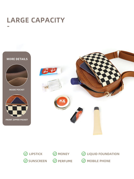 Checkerboard Crossbody Camera Bag PU Leather Adjustable Strap Brown