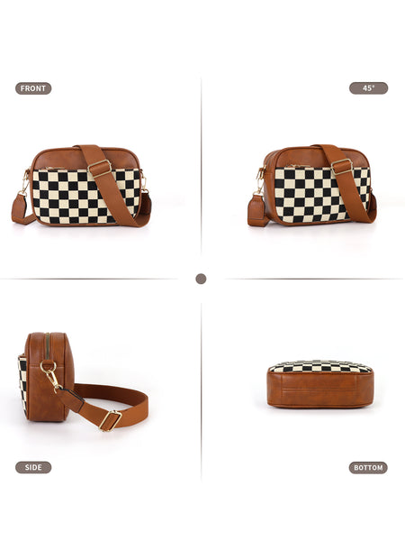 Checkerboard Crossbody Camera Bag PU Leather Adjustable Strap Brown