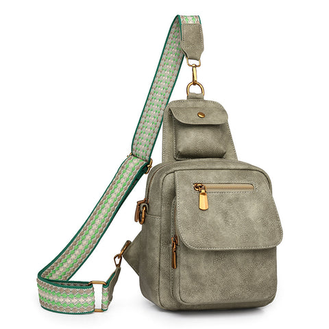 PU Leather Sling Crossbody Bag Multi Pocket Chest Pack Adjustable Strap Green