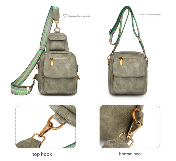 PU Leather Sling Crossbody Bag Multi Pocket Chest Pack Adjustable Strap Green