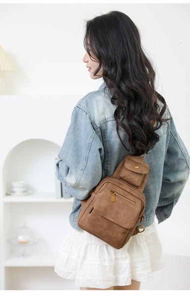 PU Leather Sling Crossbody Bag Multi Pocket Chest Pack Adjustable Strap Coffee