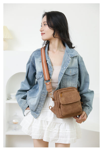 PU Leather Sling Crossbody Bag Multi Pocket Chest Pack Adjustable Strap Coffee
