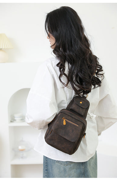 PU Leather Sling Crossbody Bag Multi Pocket Chest Pack Adjustable Strap Coffee