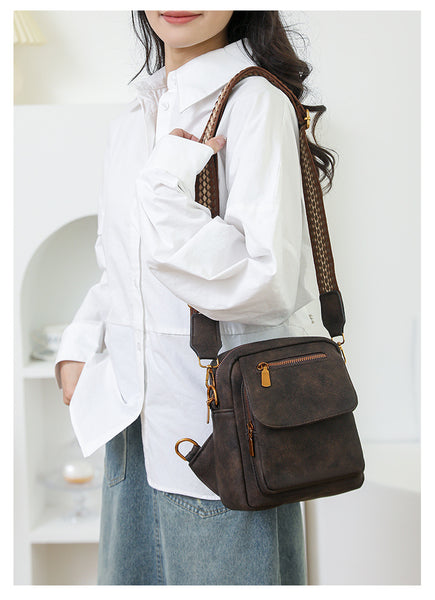 PU Leather Sling Crossbody Bag Multi Pocket Chest Pack Adjustable Strap Coffee