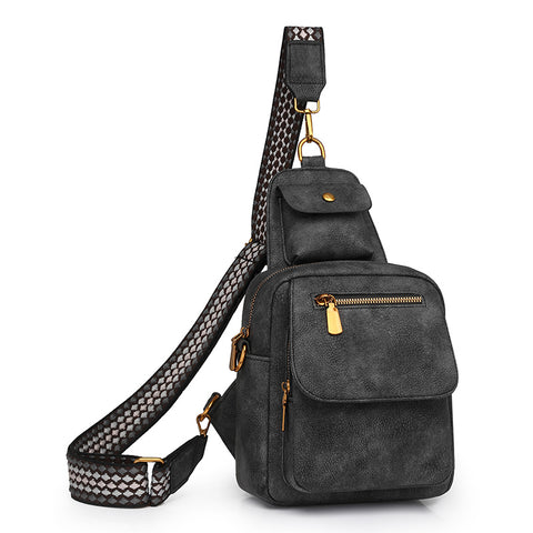 PU Leather Sling Crossbody Bag Multi Pocket Chest Pack Adjustable Strap Black