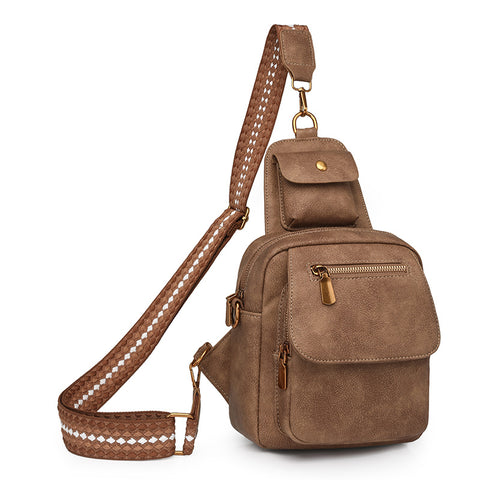 PU Leather Sling Crossbody Bag Multi Pocket Chest Pack Adjustable Strap Brown