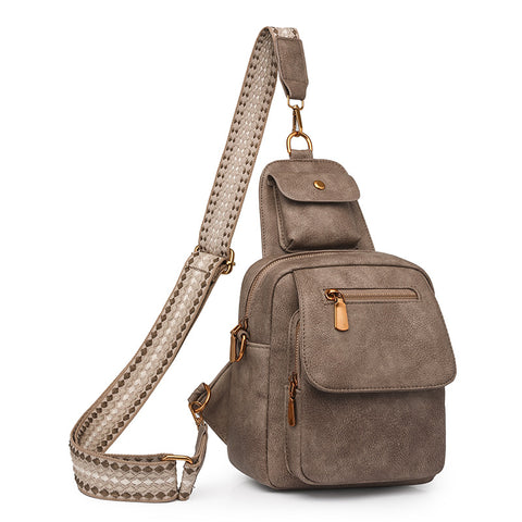 PU Leather Sling Crossbody Bag Multi Pocket Chest Pack Adjustable Strap Khaki