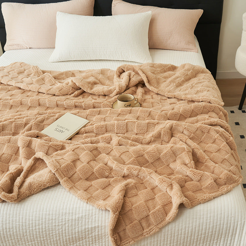 Checkered Waffle Texture Plush Fleece Blanket Throw Rug 200 x 230cm Khaki Brown