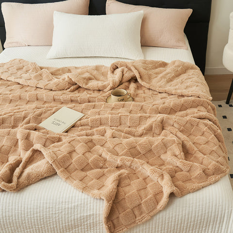 Checkered Waffle Texture Plush Fleece Blanket Throw Rug 200 x 230cm Khaki Brown