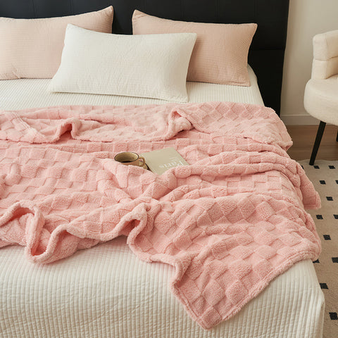 Checkered Waffle Texture Plush Fleece Blanket Throw Rug 200 x 230cm Light Pink