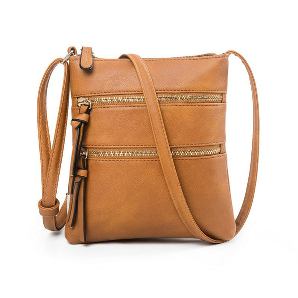 PU Leather Compact Crossbody Bag Adjustable Strap Double Zip 18 x 21cm Brown