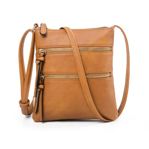 PU Leather Compact Crossbody Bag Adjustable Strap Double Zip 18 x 21cm Brown