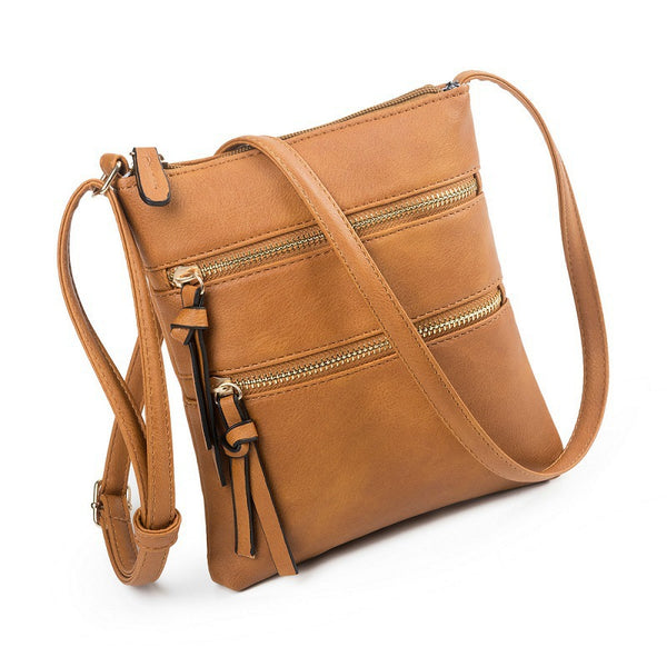 PU Leather Compact Crossbody Bag Adjustable Strap Double Zip 18 x 21cm Brown
