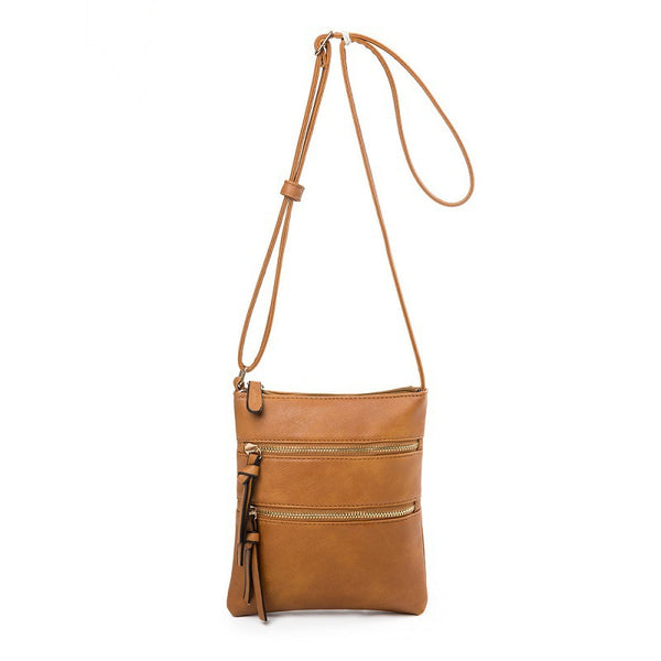 PU Leather Compact Crossbody Bag Adjustable Strap Double Zip 18 x 21cm Brown