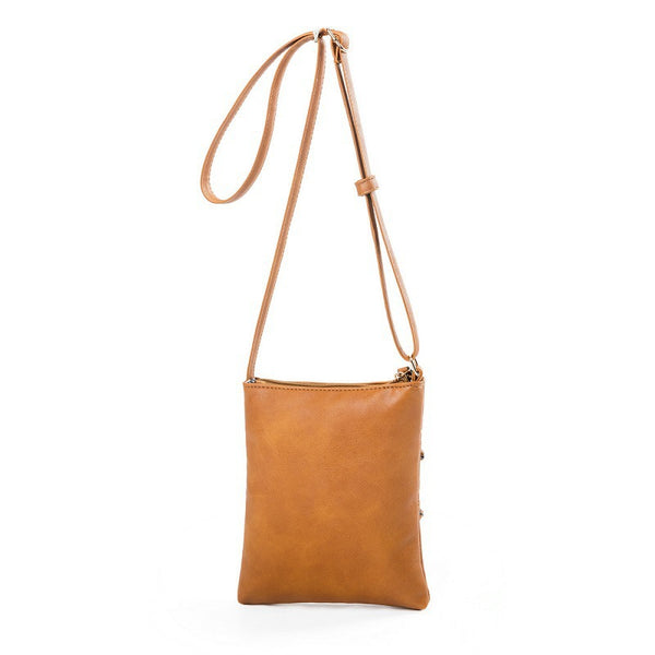 PU Leather Compact Crossbody Bag Adjustable Strap Double Zip 18 x 21cm Brown