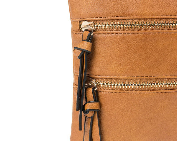 PU Leather Compact Crossbody Bag Adjustable Strap Double Zip 18 x 21cm Brown
