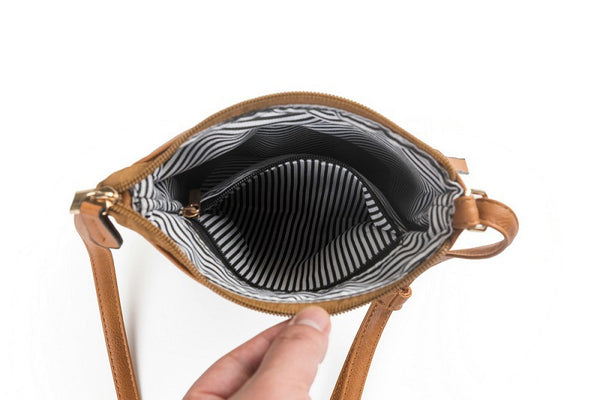 PU Leather Compact Crossbody Bag Adjustable Strap Double Zip 18 x 21cm Brown