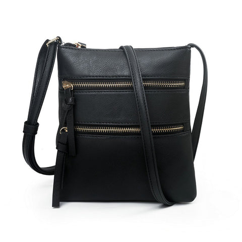 PU Leather Compact Crossbody Bag Adjustable Strap Double Zip 18 x 21cm Black