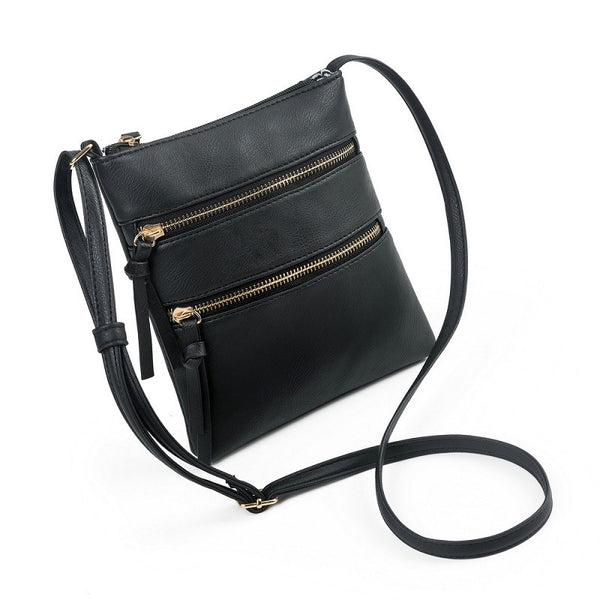 PU Leather Compact Crossbody Bag Adjustable Strap Double Zip 18 x 21cm Black