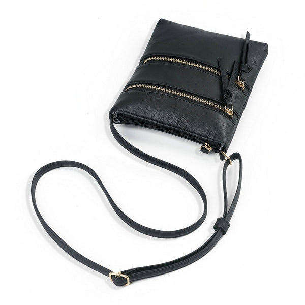 PU Leather Compact Crossbody Bag Adjustable Strap Double Zip 18 x 21cm Black