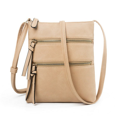 PU Leather Compact Crossbody Bag Adjustable Strap Double Zip 18 x 21cm Khaki