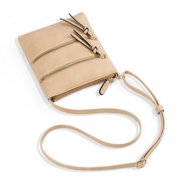 PU Leather Compact Crossbody Bag Adjustable Strap Double Zip 18 x 21cm Khaki